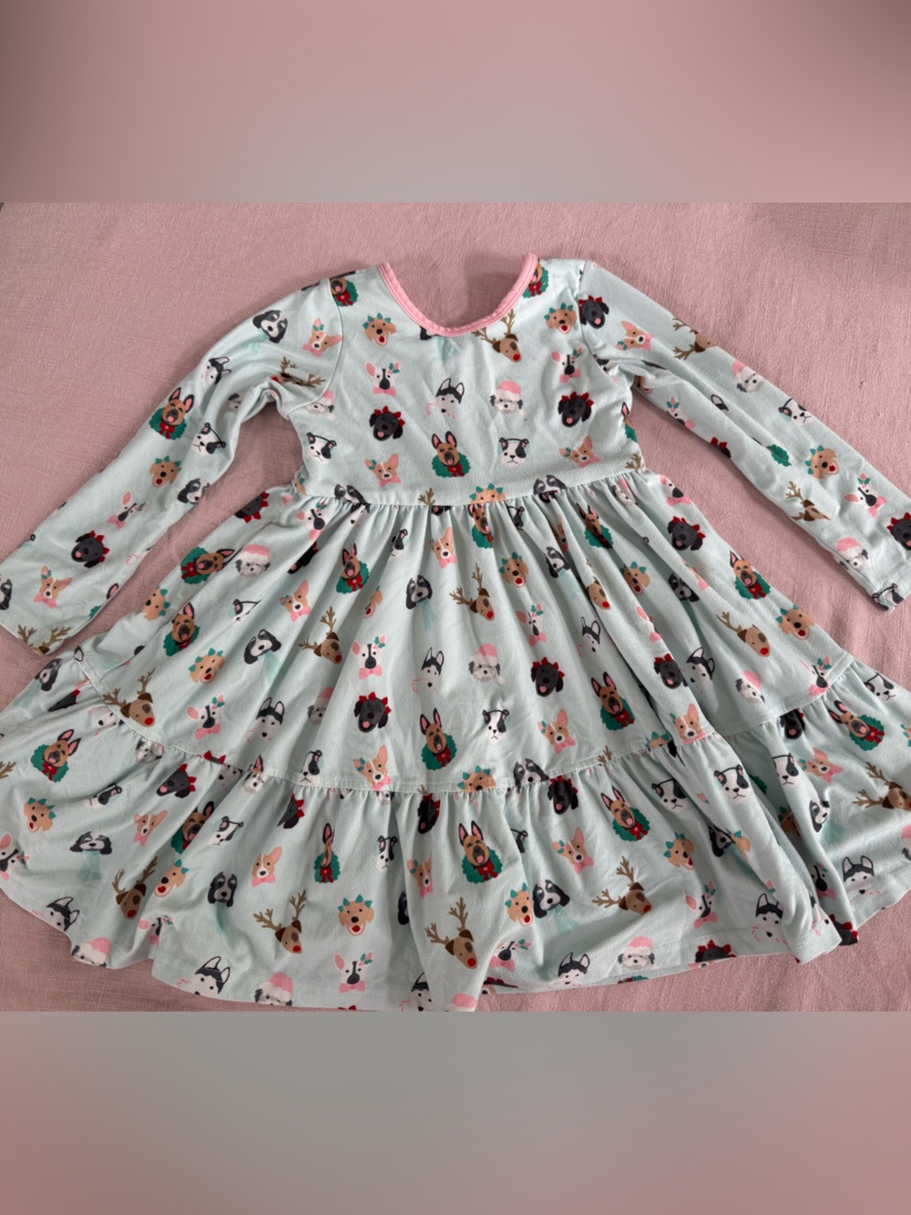 Girls Christmas dogs puppies twirl dress, pink and green, size 4t